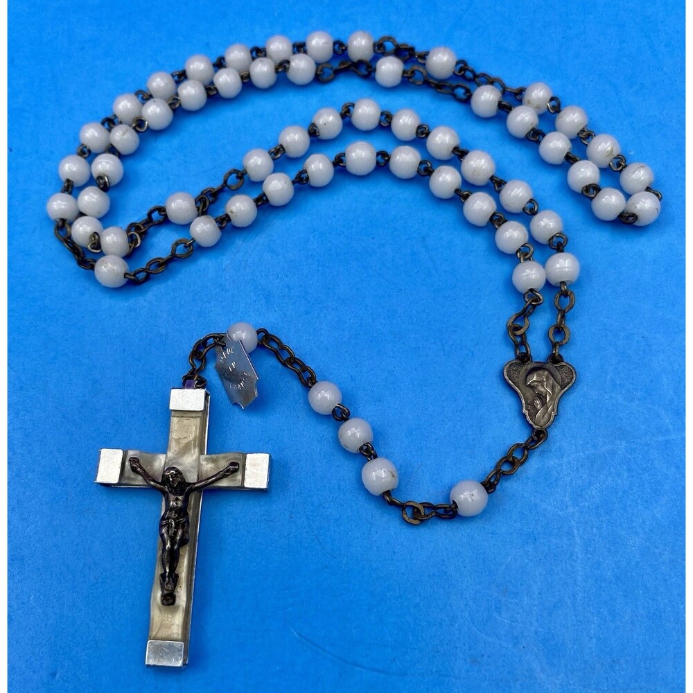 Vtg White Round Glass Beads Petite Rosary, Jesus, Mary, France, Christianity 15”